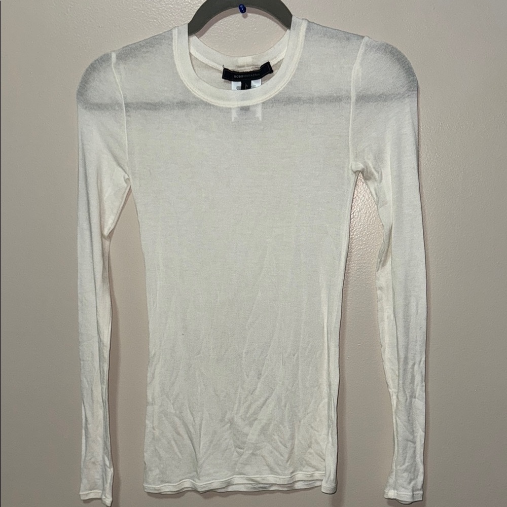 BCBGMaxAzria Cream Ribbed Long Sleeve Fitted Tee